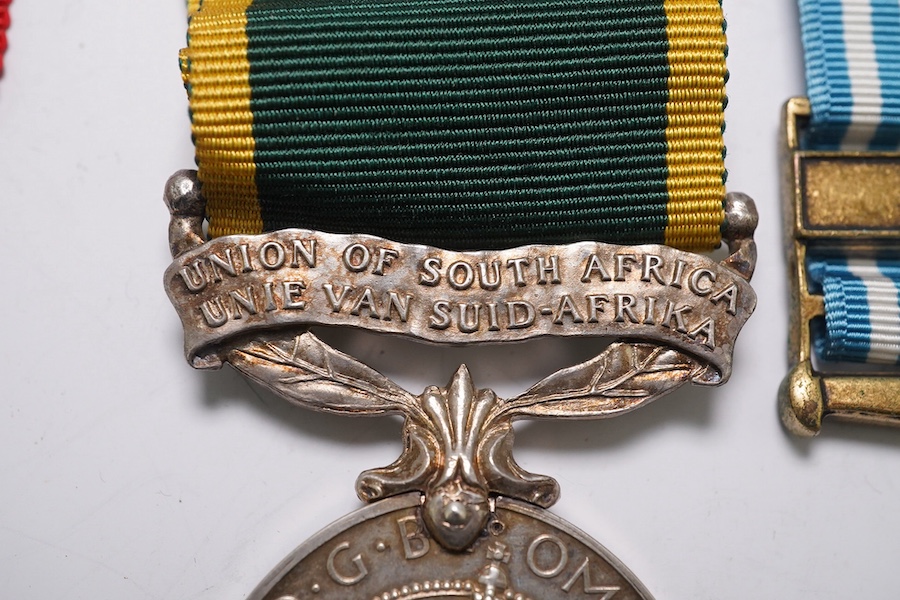 Three assorted medals; GVI (B) Union of South Africa Efficiency medal to S/Sgt.L.Gray S.A.C.S.; GV Imperial Service medal to George Moffatt; United Nations Korea medal. Condition - fair to good.